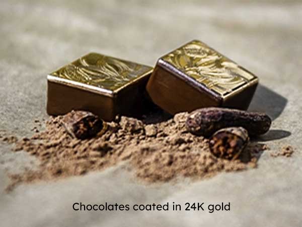 Diagram of plasma coating showing 24K gold-coated chocolates by plasma technology